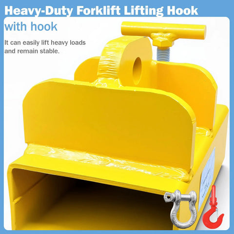 Heavy Duty Forklift Lifting Hook Attachment With 5500 Lbs Capacity, rugged yellow steel build with swivel hook for lifting loads.