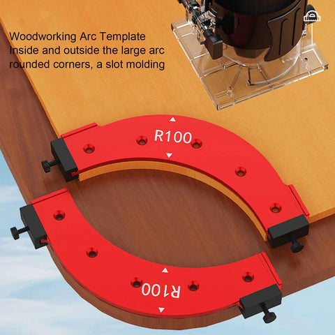 Pro Level Aluminum Round Corner Radius Template Set R100 To R300 showing R100 arc template, red aluminum body for woodworking.