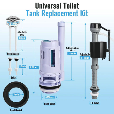 Universal 3 Inch Dual Flush Valve And Fill Valve Replacement Kit For 2 Piece Toilets with Push Button