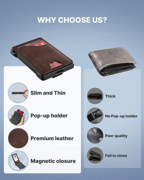 Comparison of Slim RFID Blocking Leather Tactical Wallet For Men With Pop Up Card Case And Front Pocket Money Clip, ID Window, 8 To 13 Card Capacity, Minimalist Card Holder, Carry Light On The Go, Brown against a traditional wallet, highlighting features like slim design, pop-up holder, and magnetic closure.