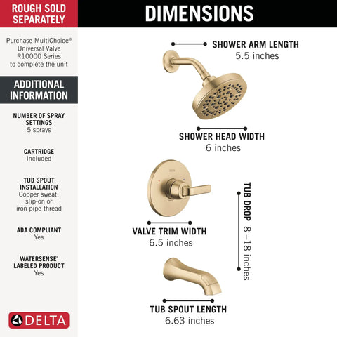 Dimensions of Top Shelf 5 Setting Bathtub Shower Faucet Trim Kit In Brushed Gold with details on sizes.
