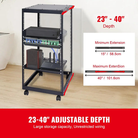 Heavy Duty 20U Server Cabinet With Smooth Rolling Casters And Adjustable Depth, 23-40 inch depth for network gear setup.