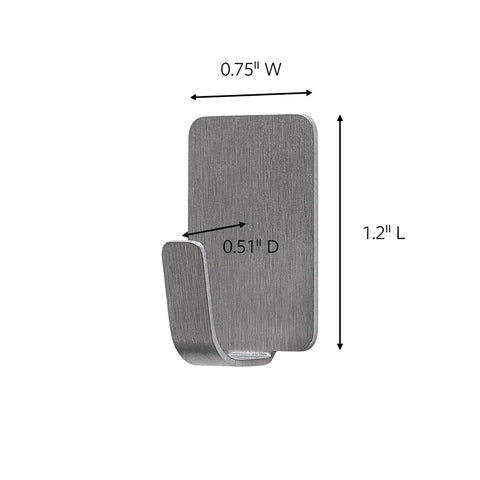 Small Stainless Steel Hooks Set With Eight Hooks And Ten Strips Holds Up To 0.5 lb Removable Self Adhesive Wall Hangers No Tools Needed For Damage Free Organization And Easy Wall Decor showing one hook with dimensions