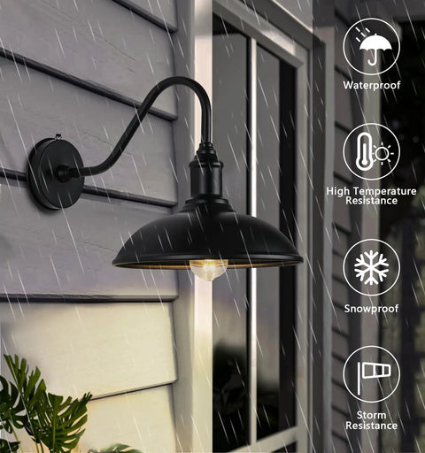Gooseneck Outdoor Barn Light With LED Bulb Black Farmhouse Porch Fixture Dusk To Dawn Exterior Lighting in stormy weather