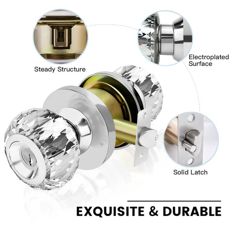 Crystal Glass Door Knob With Privacy Lock And Keys Satin Nickel Finish Diamond Cut Interior Door Knob for Bedroom Bathroom Closet
