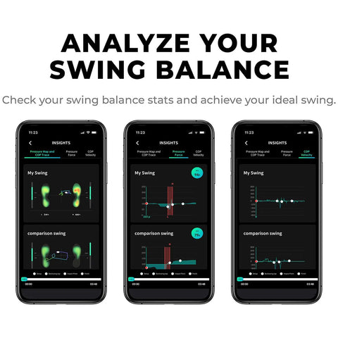 Analyze swing balance with Smart Swing Posture Trainer Waterproof Bluetooth Unisex Golf Insole Coach on mobile app display.