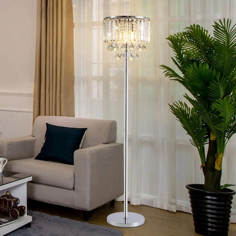 Cozy Elegant Modern Crystal Floor Lamp With Chrome Finish, 59 Inch Tall, Three Lights in a living room setting
