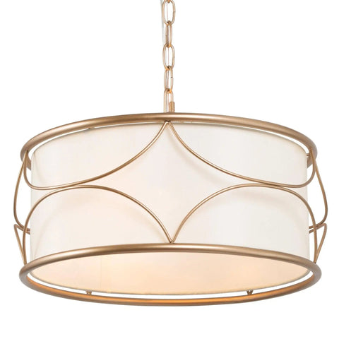 Gold Drum Pendant Chandelier Light Fixture With White Fabric Shade, showcasing intricate metal design