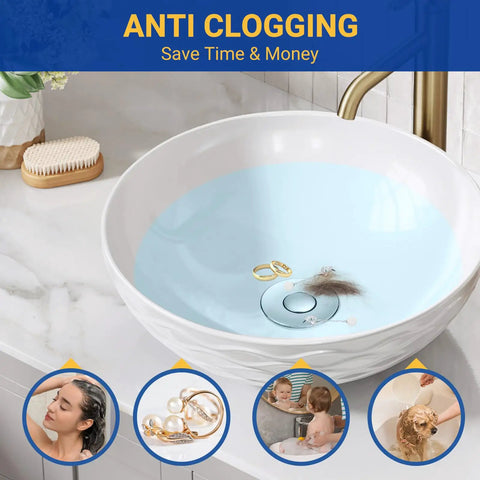 Heavy Duty Bathroom Sink Drain Strainer And Pop Up Stopper With Removable Stainless Steel Hair Catcher Basket Universal Fit For US Fixtures Swipes Hairs Away Fast No Clog Drama 3 Pack in white sink with hair and jewelry.