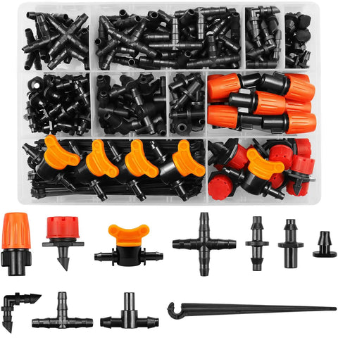 Quarter Inch Drip Irrigation Fittings Kit, 220 Pcs For Drip Systems Including Valves Nozzles Micro Drips Four Way Cross Tees