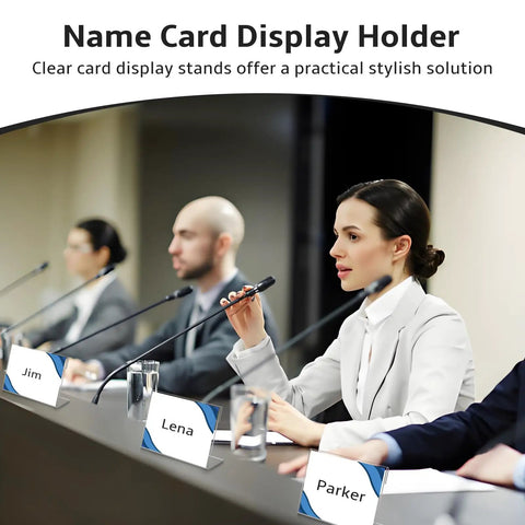 Panel discussion with name cards in 30 Piece Small Acrylic Sign Holders Three And A Half By Two Inches Clear Tabletop Display Stands