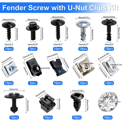 Shop Grade Auto Repair Fastener Assortment With 130 Pieces U Nut Clips Body Bolts Screws And Push Retainers For Bumper Fender Trim Panels displays various fender screws and clips.