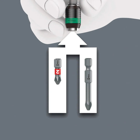 Close-up of Bitholding Ratcheting Screwdriver with Rapidaptor Quick Release Chuck 1/4 Inch Drive 1/4 Hex Bits in hand