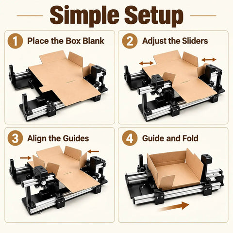 Manual Box Assisted Folding Tool For Packing Stations Featuring Adjustable Grip Clip For Smooth Carton Assembly And No Sweat Shipping Prep At Ecommerce Hubs Or Home Work Desks setup steps with adjustable sliders.