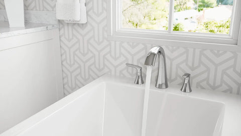 Bathroom with Dope High Arc Tub Faucet Trim Kit With Two-Handle Deck Mount, 3-Hole Fit, Polished Chrome Finish on white tub