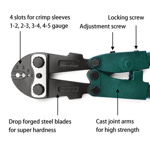 4 Slot Crimping Swaging Tool Kit For Heavy Duty High Tensile Wires And Cables, detail view of 18 inch hand crimper features
