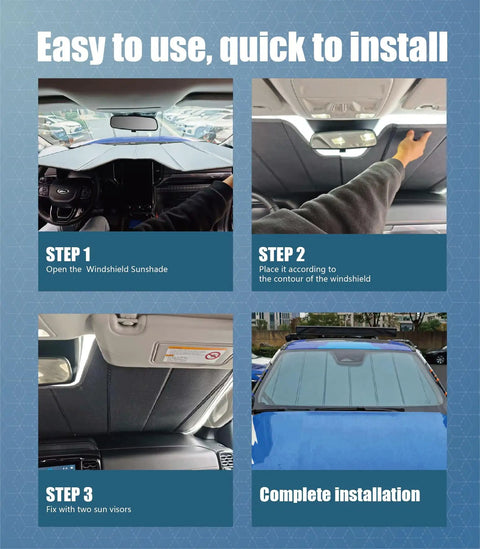 Custom Fit Windshield Sun Shade Straight Up Perfect For Chevy Silverado And GMC Sierra 1500 Trucks installation steps shown inside vehicle.