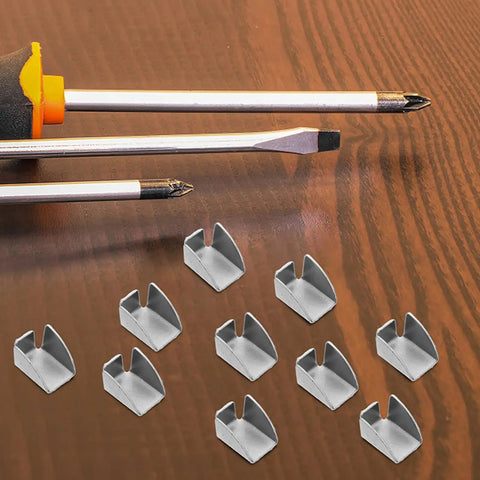 30 Piece Cabinet Pilaster Clips And Shelf Pegs Set For Metal Brackets on wooden surface with screwdrivers