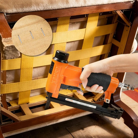 Pro-Grade 22 Gauge Pneumatic Upholstery Stapler with Long Nose Reach, shown securing furniture fabric, 3/8-Inch Crown.