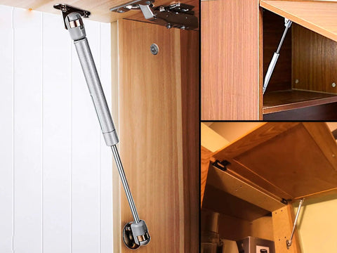 Two Pack 10 Inch Hydraulic Soft Open Gas Springs Struts for Cabinets Furniture and RV Platforms Lift Lid Stay Hinges with Brackets and Screws in Silver Finish installed on wood cabinets