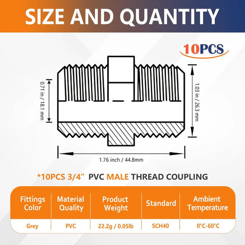 Diagram showing dimensions of 10 Pack Gray PVC Male Thread Couplings Three Quarter Inch Adapters For Plumbing Fittings with specifications