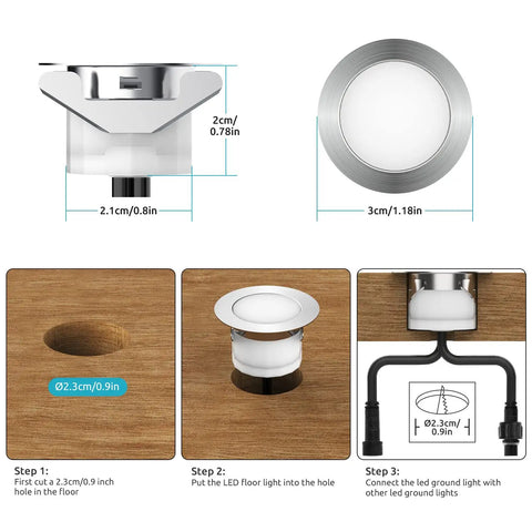 Smart RGBW LED Deck Lights Kit 10 Pcs Recessed 1.22 Inches Low Voltage installation and dimensions diagram