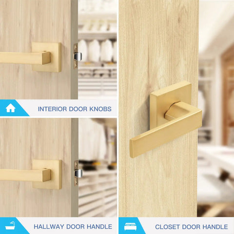 6 Pack Satin Brass Interior Door Handles With Passage Function, Heavy Duty Hall And Closet Door Lever Knobs in use