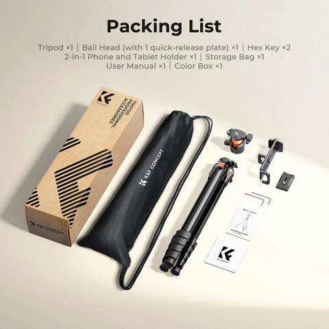 Lightweight Travel Tripod For Camera And Phone, 63 Inch Aluminum With Arca Ball Head, packing list with accessories and bag