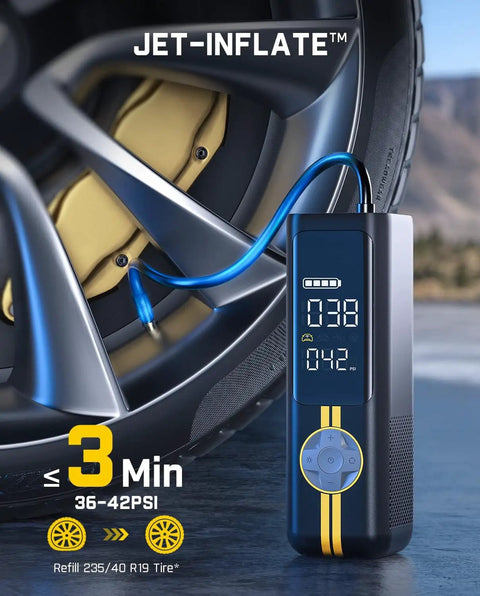 X8 APEX EV Tire Inflator Portable Air Pump inflating a car tire, showing digital display and nozzle connected to tire