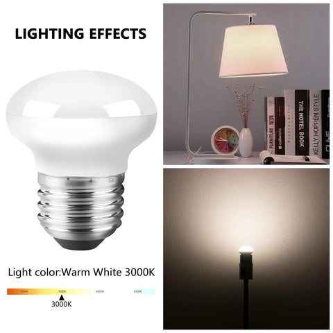 R14 E17 LED Bulb 4W Mini Reflector Floodlight 6500K Cool White 400 Lumens, lamp and warm lighting effect display