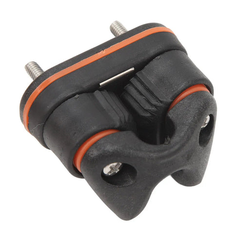 Close-up of Heavy Duty Rope Cam Cleat With Kickass Quick Release Grip, black nylon with orange accents, designed for marine rigging.