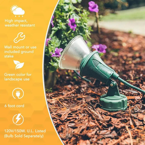 Rugged Outdoor Floodlight With Stake For Yard Security Green 6 Foot Cord 120V Weatherproof Flood Light With Impact Resistant Lens Housing