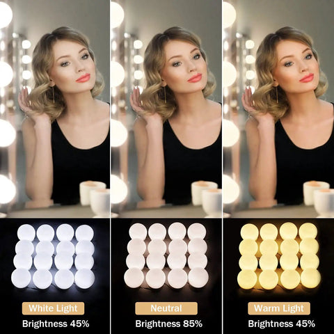 Hollywood Vanity Mirror Lights With 16 LED Bulbs, Dimmable Plug In, 3 Color Modes 300K 4000K 5000K on a dressing table with model reflection