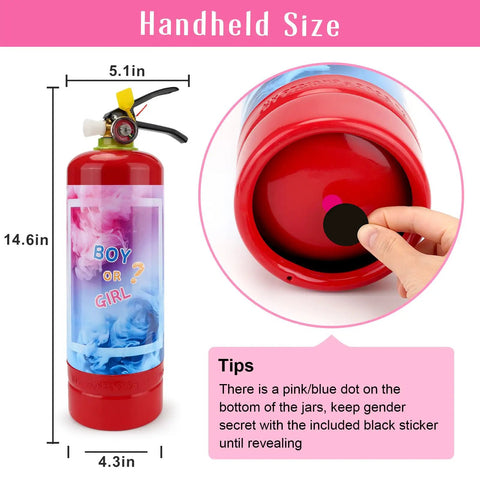 Go Hard On This Premium Gender Reveal Fire Extinguisher Two Pack shows handheld size, 14.6in tall, red with boy or girl design.