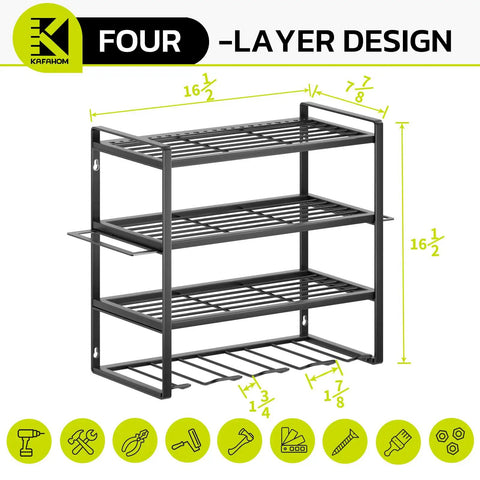 Four Tier Heavy Duty Power Tool Organizer With Wall Mount Drill Holder and dimensions