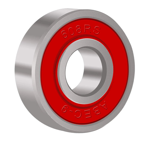 High-speed skateboard bearings with red rubber seal for smooth spins and durability. ABEC9 608 RS bearing for inline skates and longboards.