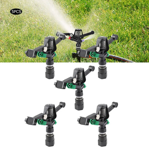 Set of five durable garden sprinklers with rotating nozzles, demonstrating use on lawn. Adjustable Lawn Sprinkler Set With Rotating Angle Nozzles, Durable Female Thread Design, 5 Piece DIY Friendly Outdoor Irrigation Kit For Homeowners And Gardeners, Easy Install Yard Sprinkler System For Residential Landscaping.