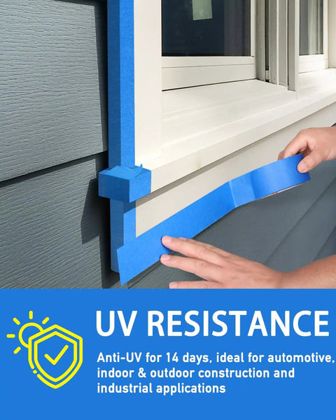 Pro-Grade Blue Painter Tape 0.94 Inch, 18 Rolls, on house window frame, showing UV resistance and easy application.