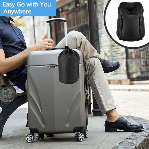 Man with suitcase, Inflatable Travel Neck Pillow With 3D Eye Mask And Earplugs in portable drawstring bag attached