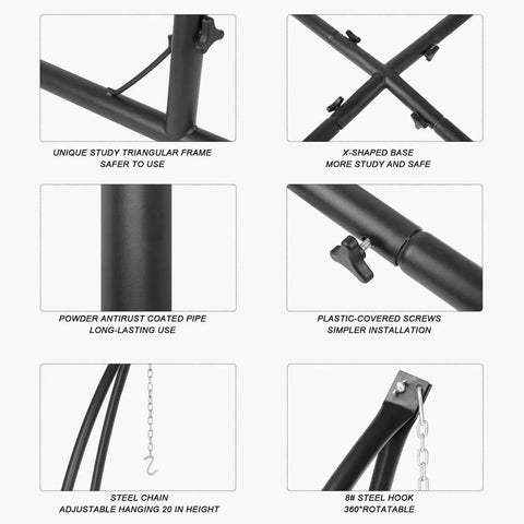 C Type Hammock Chair Stand Heavy Duty Steel Frame With Adjustable Height components including triangular frame, X-shaped base, and steel chain.