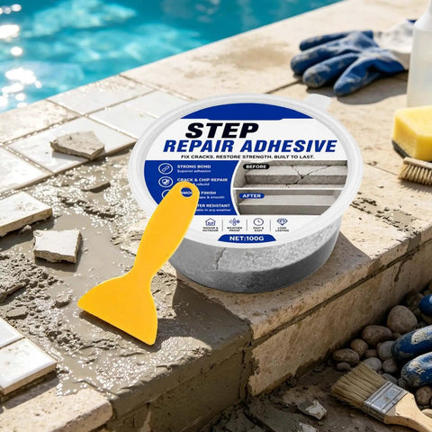 Heavy Duty Concrete Crack Filler For Outdoor Patios And Floors Joint Repair Glue restoring concrete with yellow scraper.