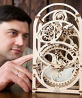 Wooden 20 Minute Timer Puzzle Kit For Adults 3D Mechanical Model Building Set For Brain Teasers, shown assembled on a table