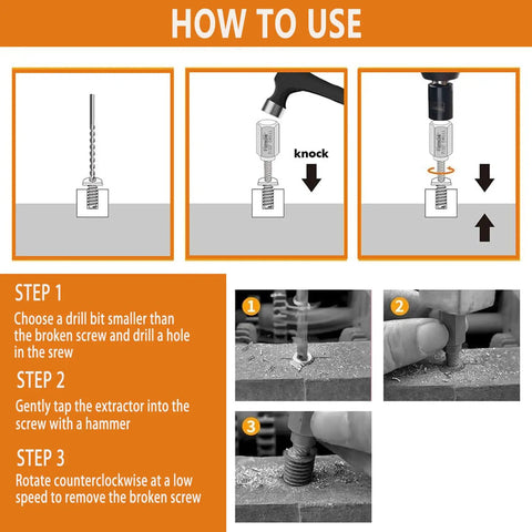 Illustration showing how to use the 22-Piece Screw Extractor Set For Stripped Bolts And Nuts, Multi-Spline Easy Out Remover Kit.
