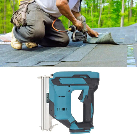 Heavy Duty Cordless Brad Nailer Battery Powered With 100 Nail Capacity Drives 10 To 30 Mm Straight Pins quick release design in action on roofing.