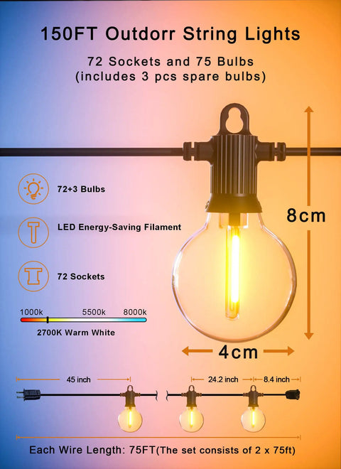 Outdoor String Lights 150 Ft With 75 Shatterproof G40 Globe Bulbs showing light measurements and warm white glow