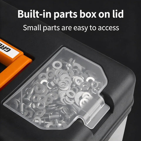 Badass Rugged Stainless Steel Tool Box With Dual Layer Garage Storage And Snappy Organizer Lid Tray For Screws showing built-in parts box with screws.