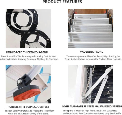 Product features of Top Shelf Electric Attic Ladder With Wireless Remote Control, showing reinforced S-bend and widening pedal.