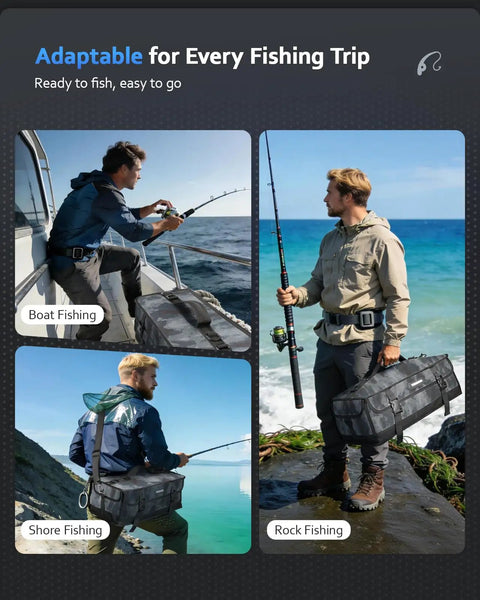 Fisherman using Big Tackle Bag For Soft Plastics And Gear With 20 Piece Soft Bait Clear Storage Bag on boat, shore, and rock.