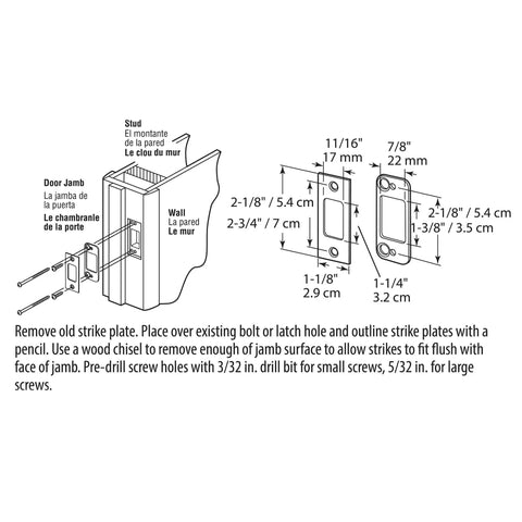 Diagram showing Heavy Duty Deadbolt Strike One Eighth Inch Steel Two Piece Set With Brass Plated Finish And Stainless Construction dimensions and installation process.