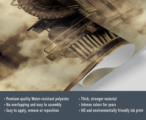 Close-up of Retro Steam Train Wall Mural for Living Room and Bedroom Featuring an Old Locomotive on HD silk cloth material